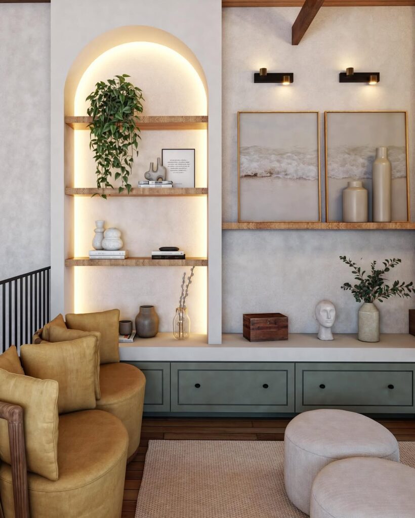 Parede clara com estante em formato de arco com iluminação e vaso com planta