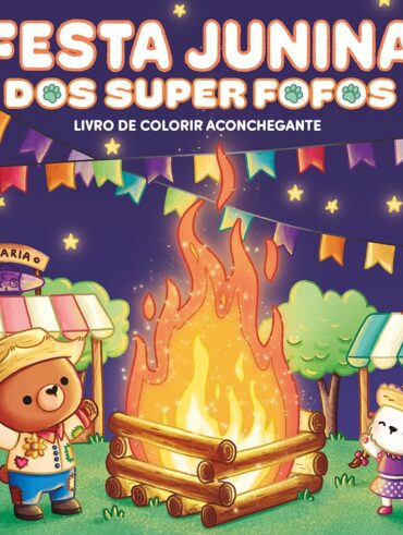Capa de livro com dois ursinhos, fogueira e bandeirinhas coloridas