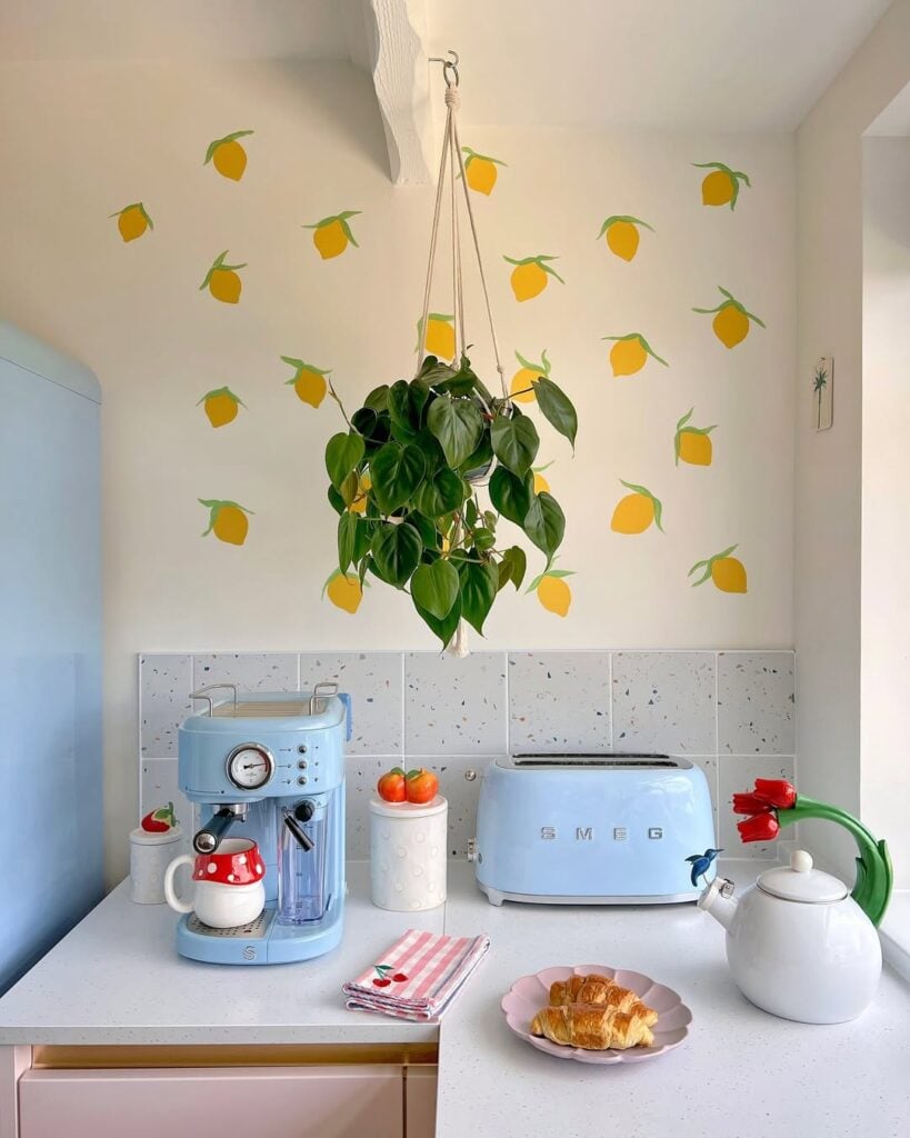 Inspiração de cozinha rosa e azul