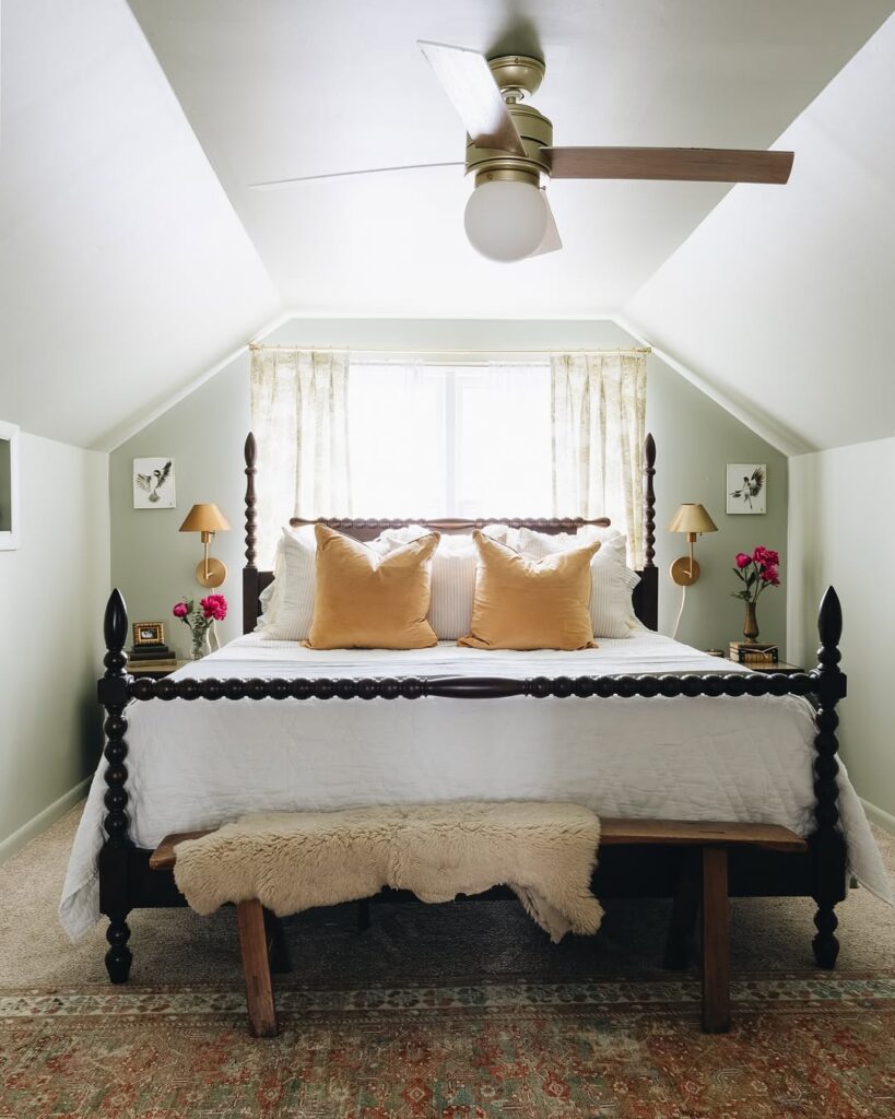 Inspiração de quarto relaxante na cor verde-claro