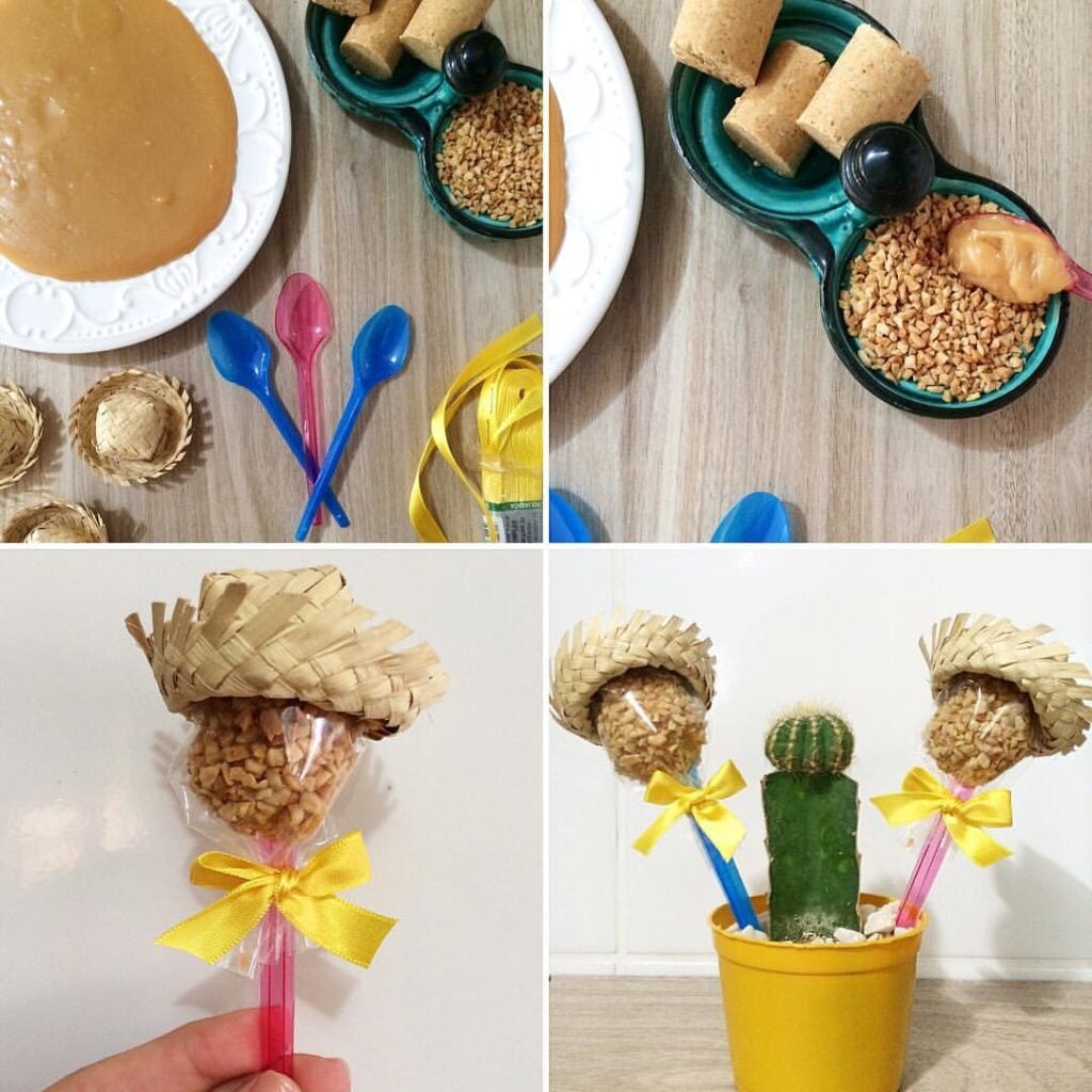 Brigadeiro no palito com chapéuzinho de palha