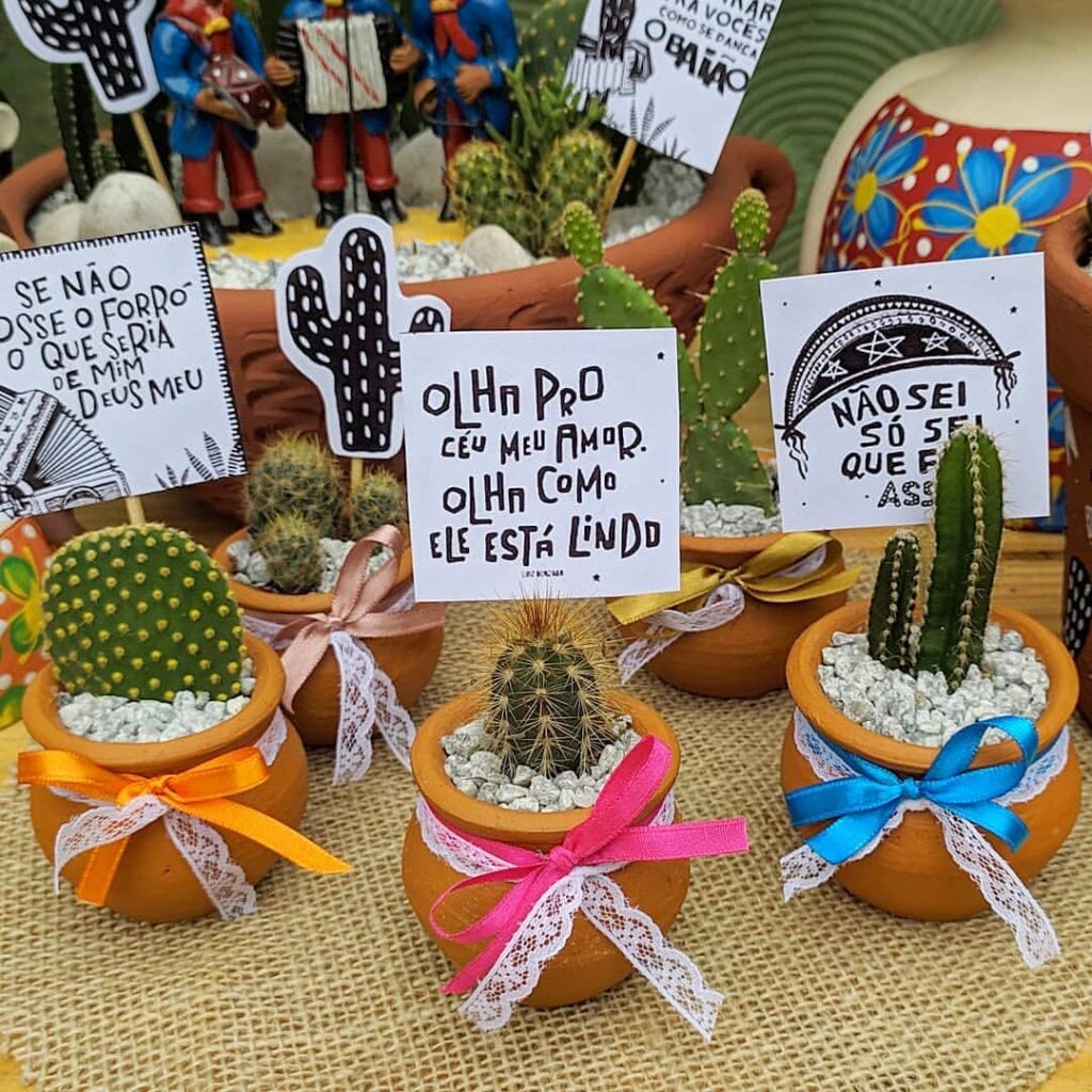 Mini vasinhos de barro com cactus, laço colorido e cartão em papel com mensagem