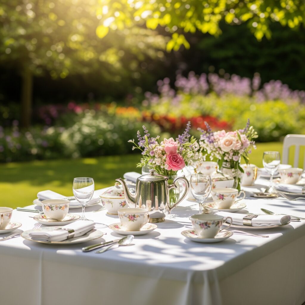 Mesa posta de chá no jardim