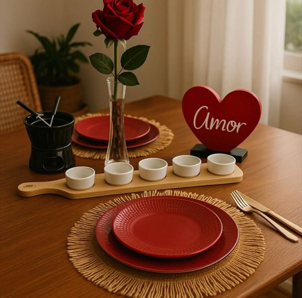 Mesa posta romântica com pratos vermelhos, vaso com rosa e plaquinha em formato de coração