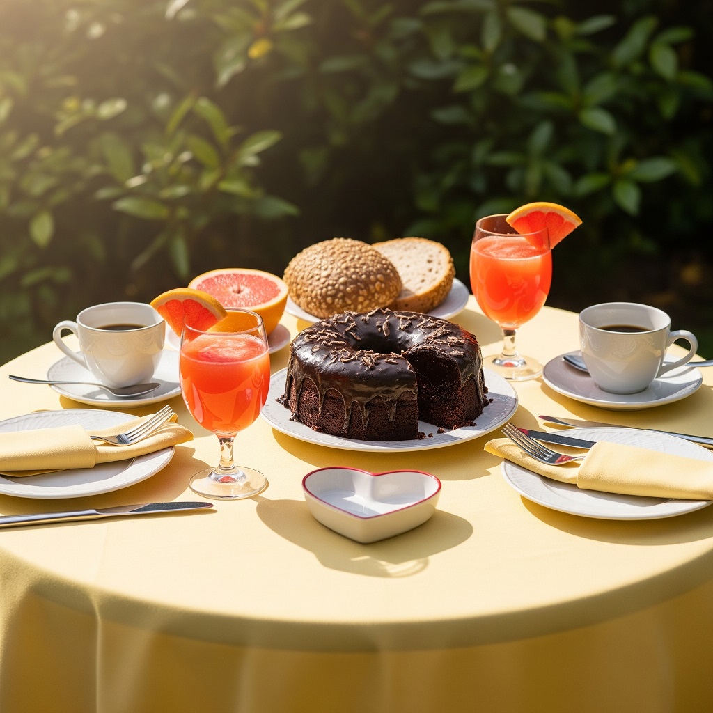 Mesa redonda com toalha amarela, café, bolo de chocolate, sucos e pães