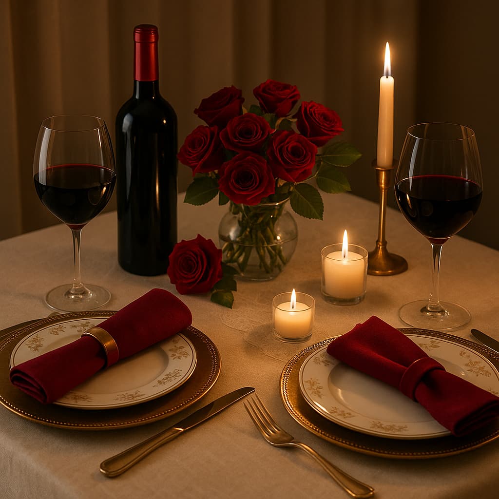 Mesa posta para jantar de dia dos namorados, com velas, vinho e rosas
