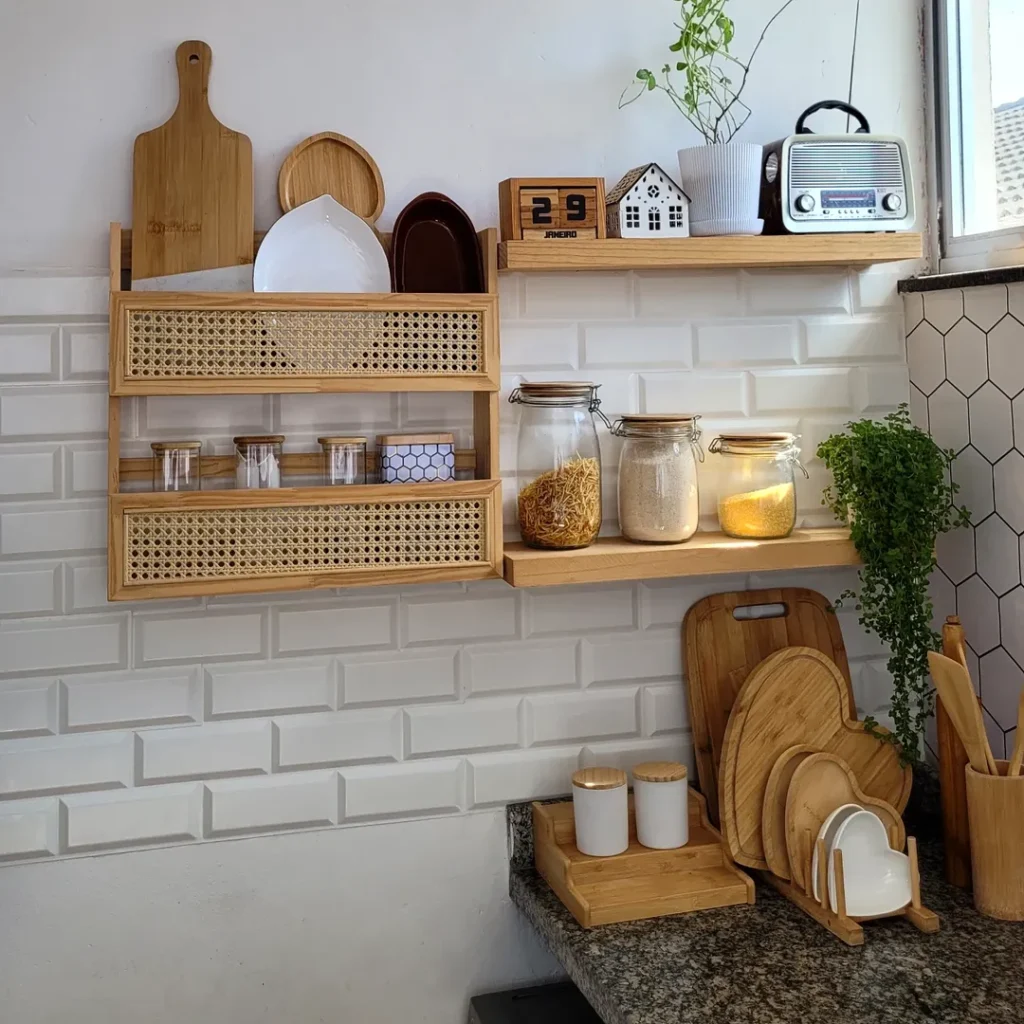 Cozinha com revestimento em tijolinho branco, prateleiras de madeira e vidros herméticos