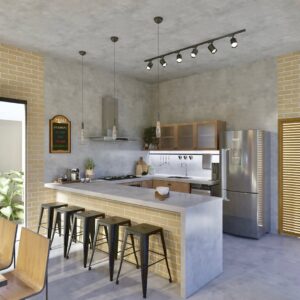 Cozinha com revestimento e piso em cimento queimado, com bancada americana, spots de luz e pendentes