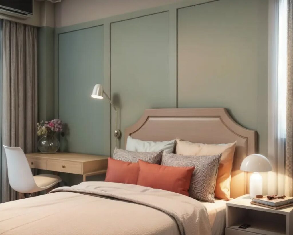 Quarto de casal com várias almofadas na cama, luminária de parede e escrivaninha com gavetas ao lado