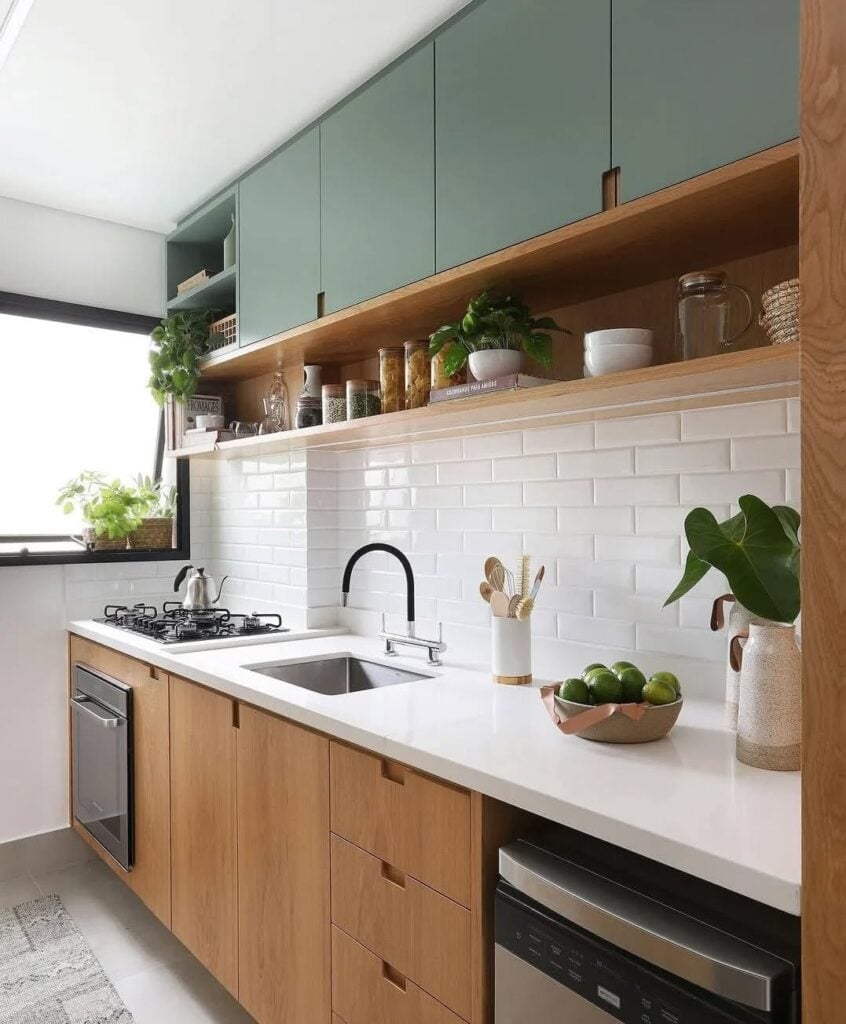 Cozinha com revestimento em tijolinho branco, armário aéreo em tom de azul e armário inferior amadeirado com bancada branca