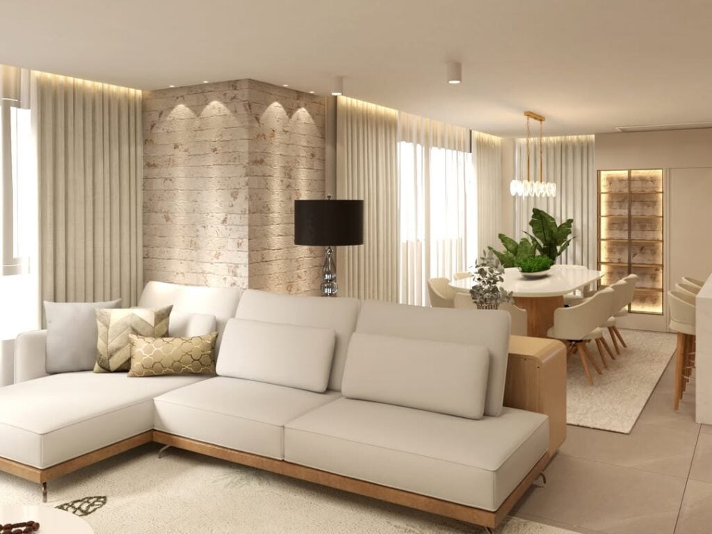 Sala de estar moderna com sofá branco, grande tapete e abajur preto