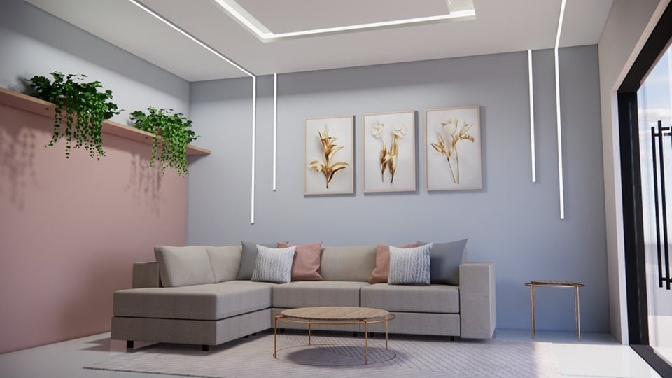 Sala de estar com parede rosa, prateleira e plantas, sofá cinza de formas retas e quadros brancos e dourado
