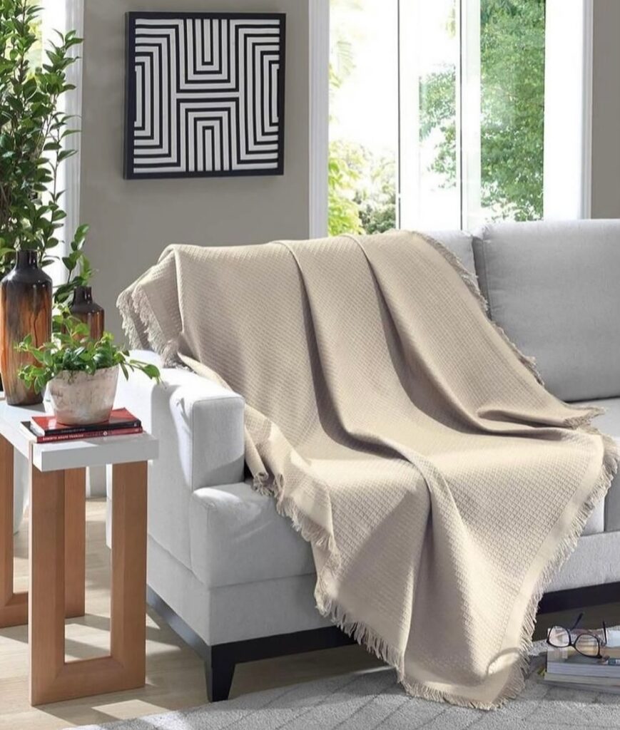 Sala de estar com sofá cinza-claro com manta bege, mesa lateral com tampo branco e vasos com plantas