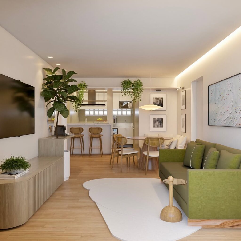 Sala branca com sofá verde e tapete orgânico claro
