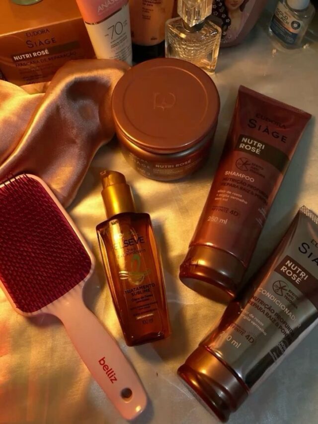 Produtos de beleza dispostos em cima de uma bancada