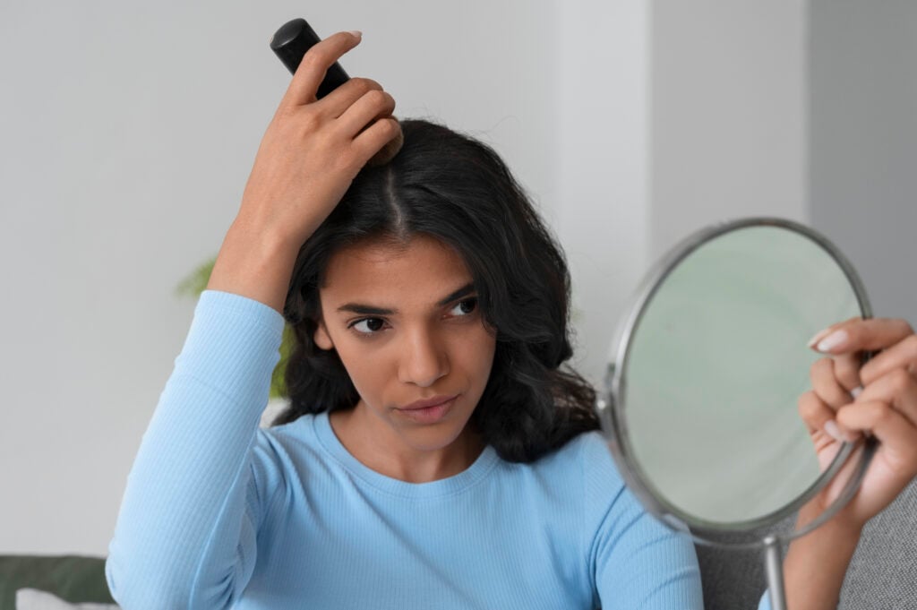 Mulher de pele clara, com blusa azul e cabelo escuro