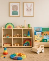 Ambiente com nichos e brinquedos de madeira