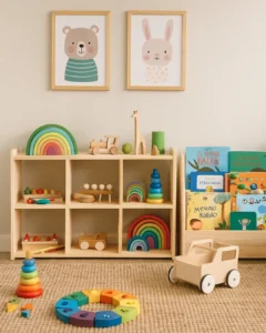 Ambiente com nichos e brinquedos de madeira