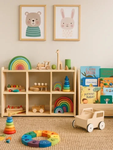 Ambiente com nichos e brinquedos de madeira