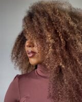 Mulher de pele preta, com blusa marrom avermelhada e cabelo crespo