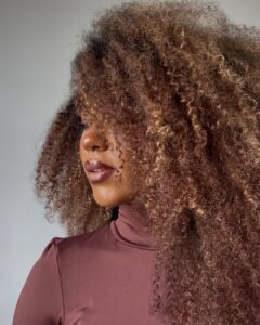 Mulher de pele preta, com blusa marrom avermelhada e cabelo crespo