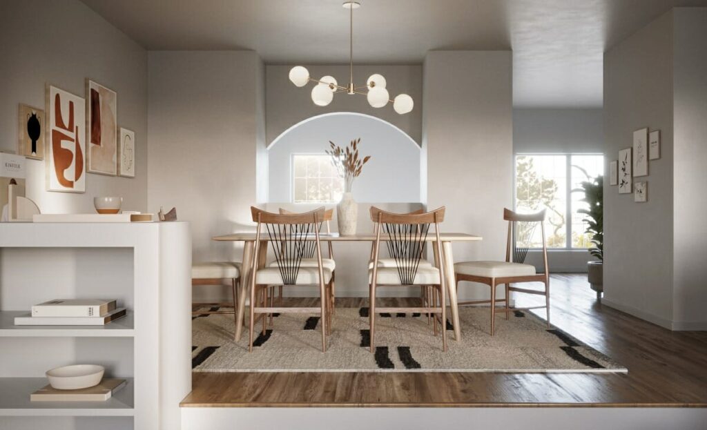 Sala de jantar com mesa retangular de madeira, tapete grande e quadros na parede