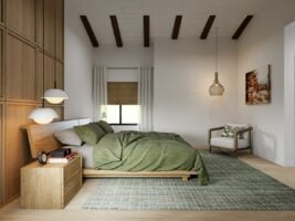 Quarto com parede brancas, cama de madeira com lençol verde e grande tapete