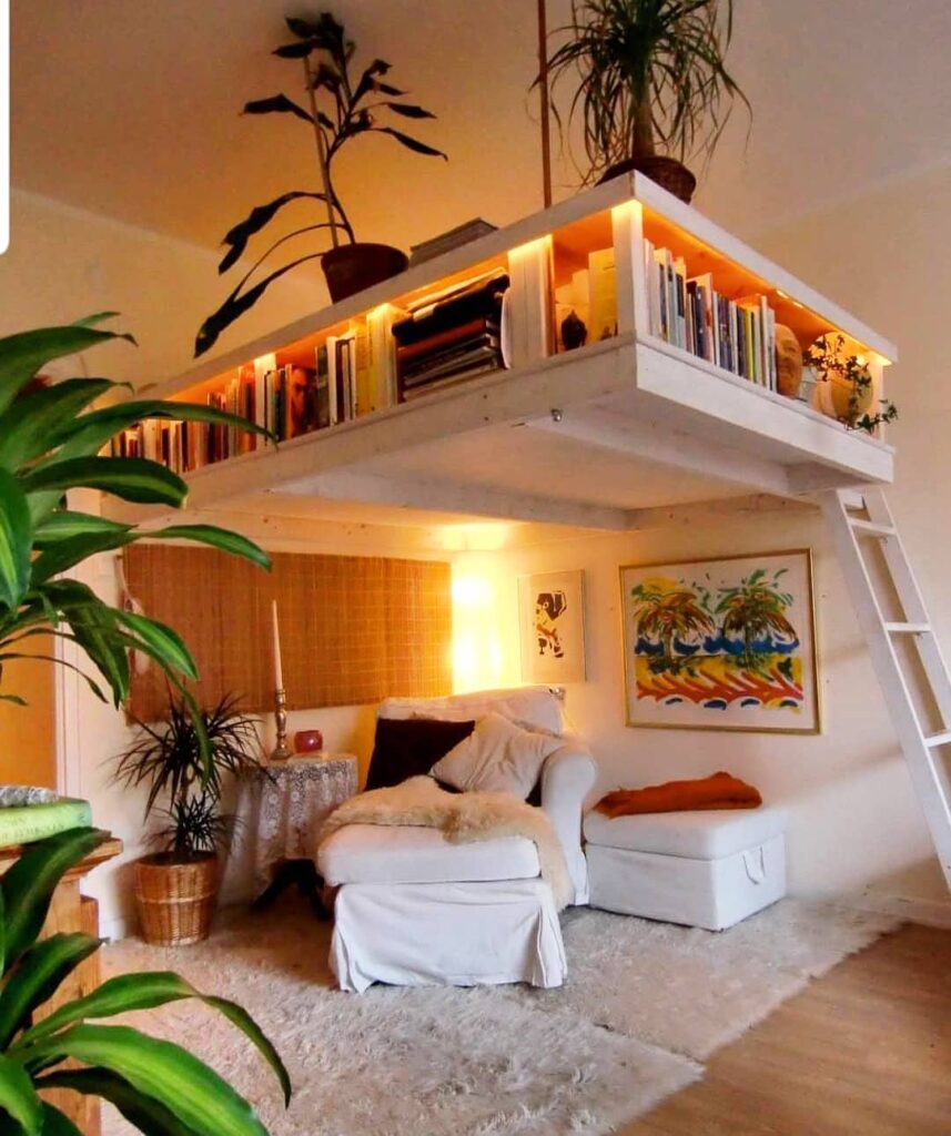 Espaço da leitura com estante na parte superior com livros e vasos de plantas