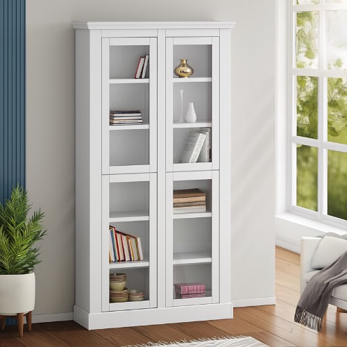 Estante de livros branca com portas de vidro