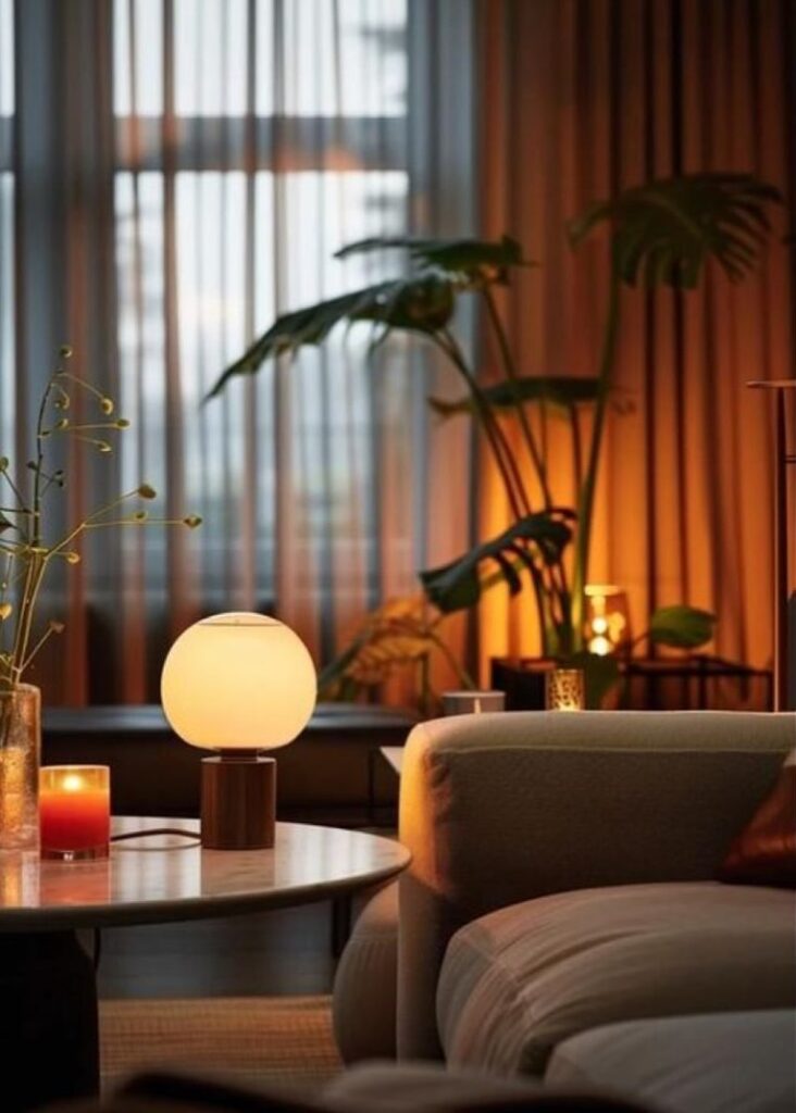 Sala com luminária de globo na mesa de centro