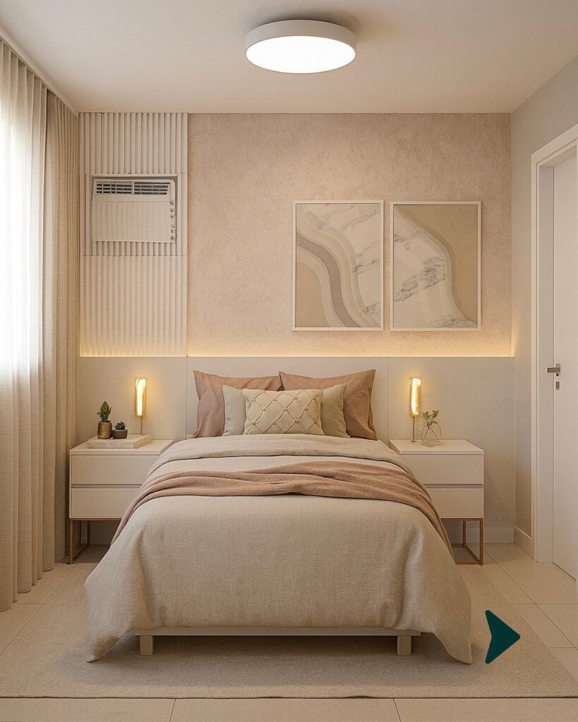 Quarto de casal com luminárias as mesas de cabeceira e luz de LED abaixo dos quadros