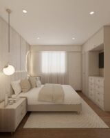 Inspiração de quarto de casal aconchegante com cama, almofadas e cortina