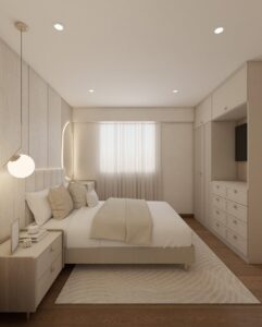 Inspiração de quarto de casal aconchegante com cama, almofadas e cortina