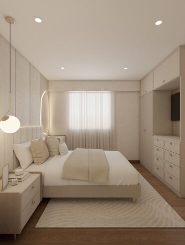 Inspiração de quarto de casal aconchegante com cama, almofadas e cortina