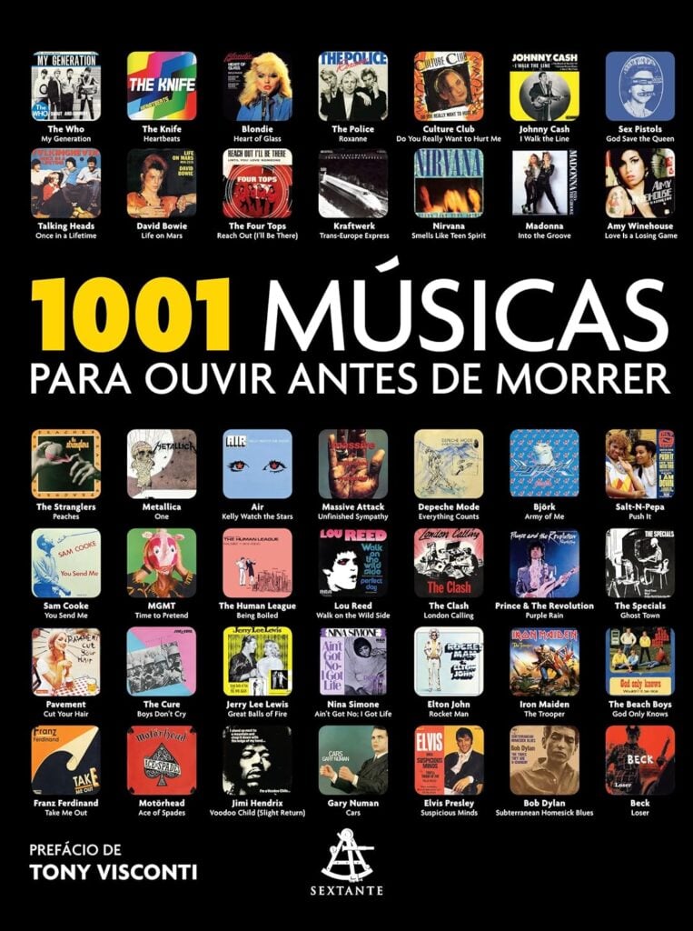 Capa de livro preto com várias capas de discos