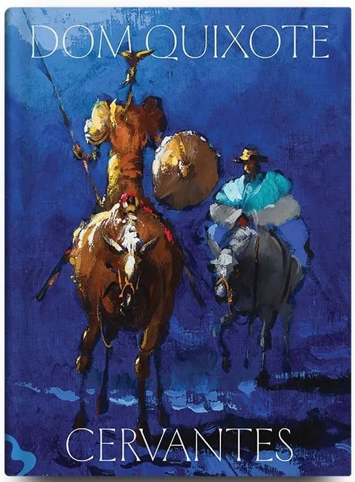 Capa de livro azul com textura de pintura com dois homens a cavalo