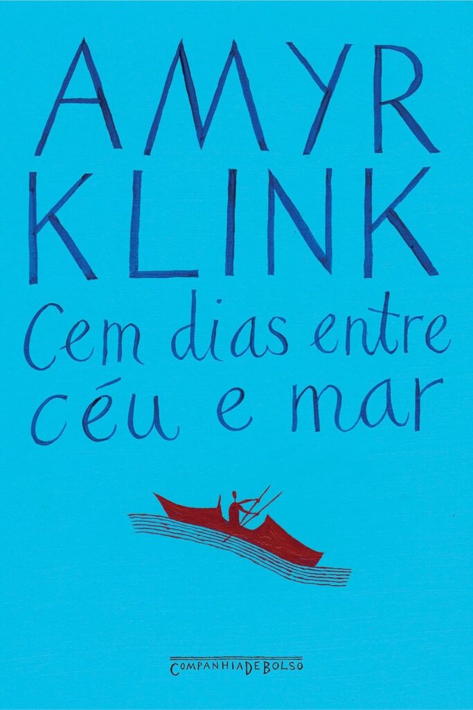 Capa de livro azul com um barco vermelho