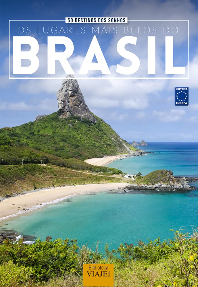 Capa de livro com uma praia de mar azul e um morro atrás