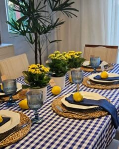 Mesa posta com toalha xadrez em branco e azul, sousplats de palha, pratos brancos, guardanapos azuis e flores amarelas