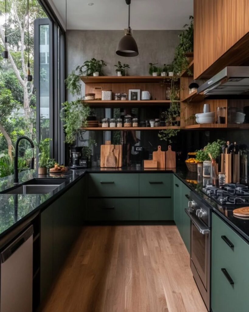 Cozinha em U com armários verde, bancada preta e prateleiras de madeira