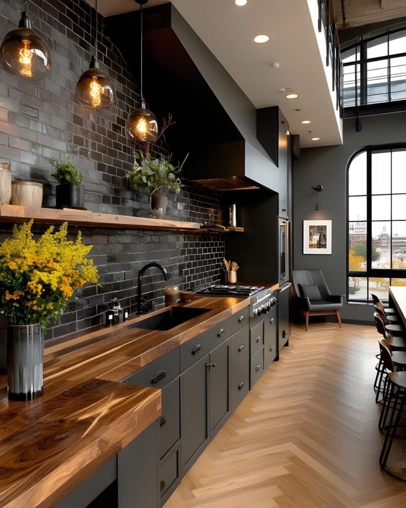 Cozinha linear com armários e revestimento preto, com bancada em madeira