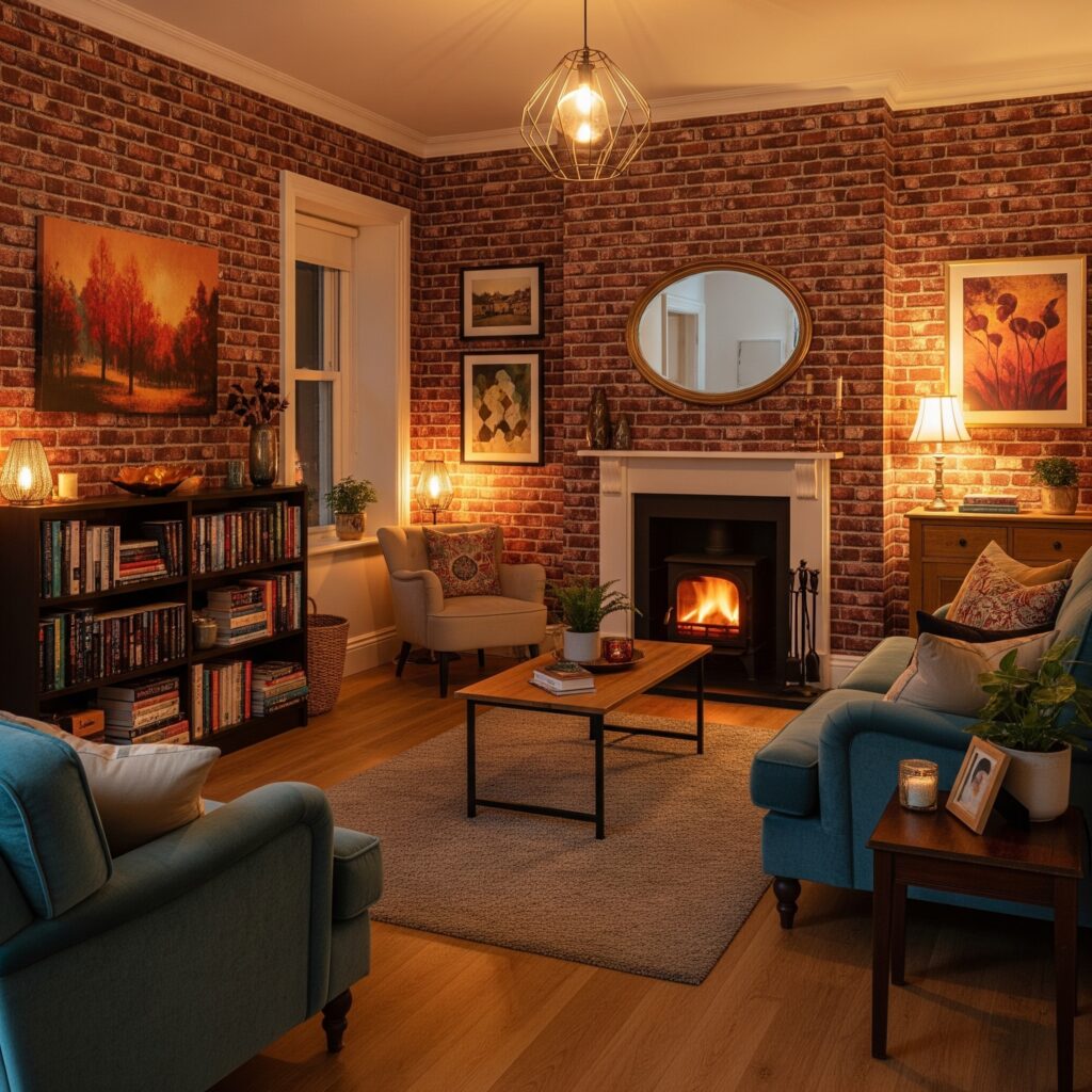 Sala de estar aconchegante com poltronas, sofá, lareira, estante com livros e papel de parede de tijolinhos
