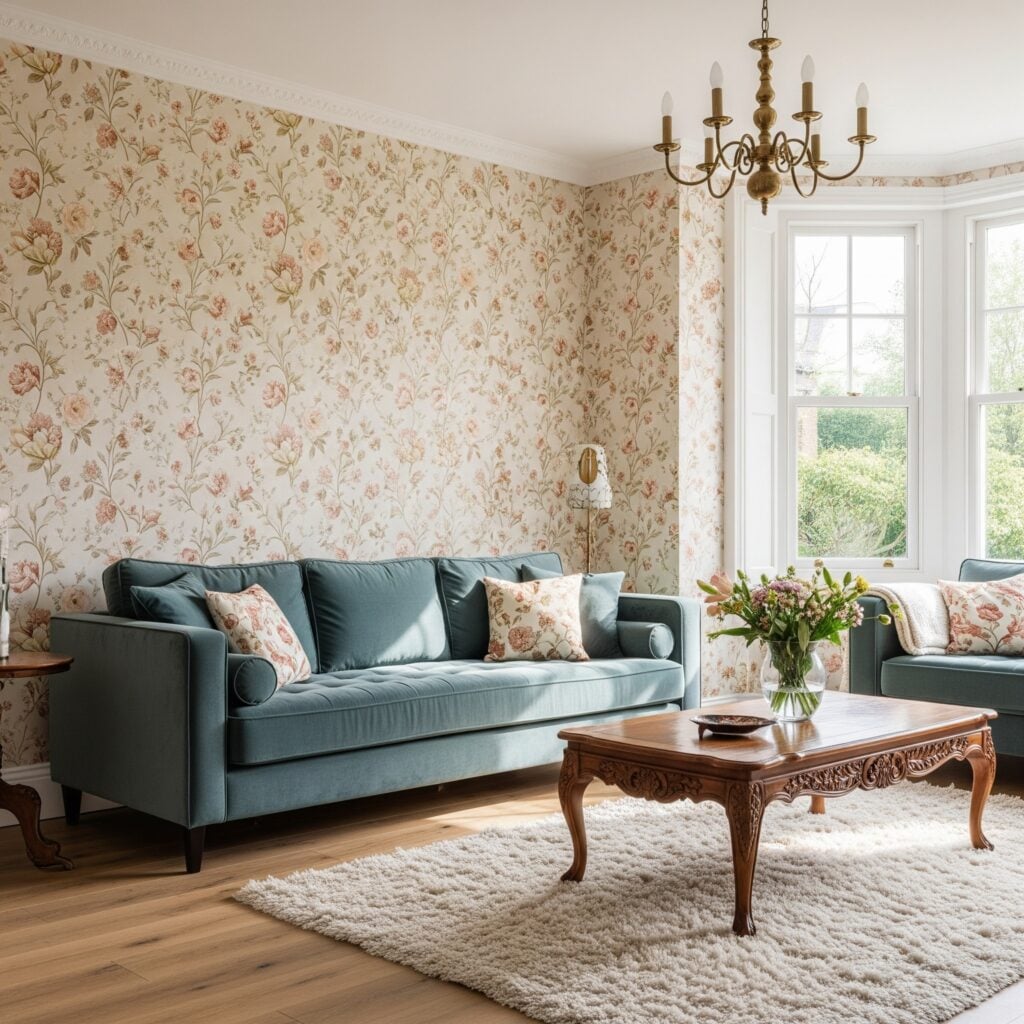 Sala de estar com sofá em veludo azul, mesa de centro em madeira ornamentada e papel de parede floral