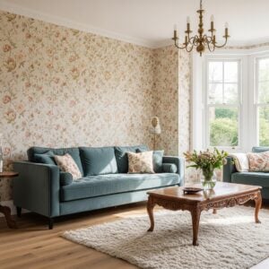 Sala de estar com sofá em veludo azul, mesa de centro em madeira ornamentada e papel de parede floral