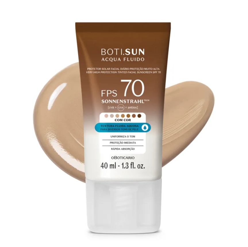 Embalagem Protetor Solar Facial com Cor FPS70 Boti.Sun, O Boticário