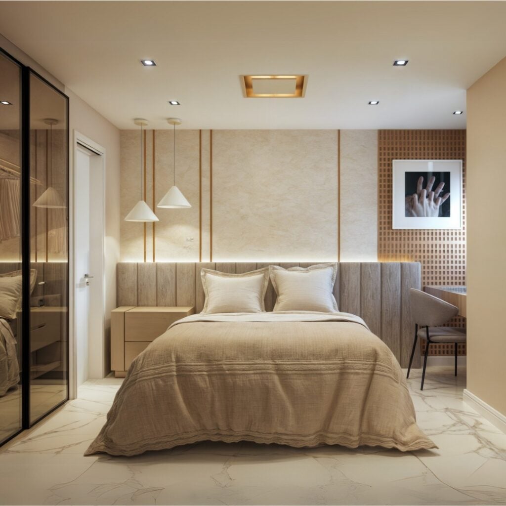 Quarto de casal aconchegante em tom claro