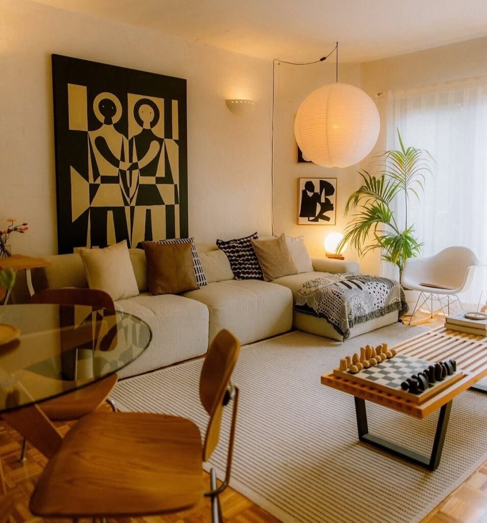 Sala no estilo boho com tapete grande, sofá claro com almofadas e quadro na parede