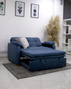 Sofá-cama em veludo azul aberto
