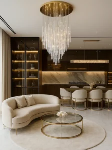 Sala de estar e jantar integradas com detalhes em dourado
