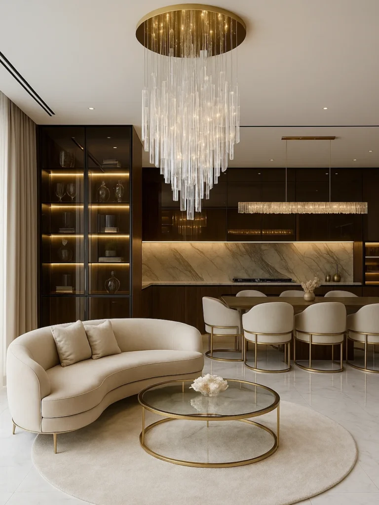 Sala de estar e jantar integradas com detalhes em dourado